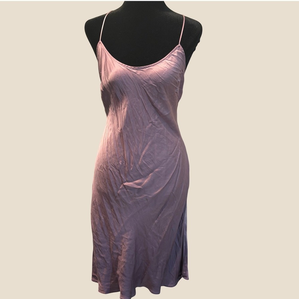 Victorias Secret 100% Silk Slip Dress Mauve Purple Cross Back Button Detail M